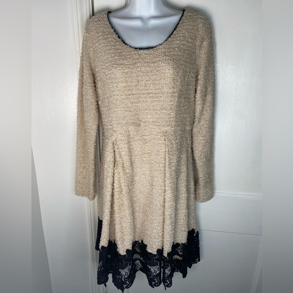 Altar'd State Cream Knit Midi Dress with Black Lace Hem